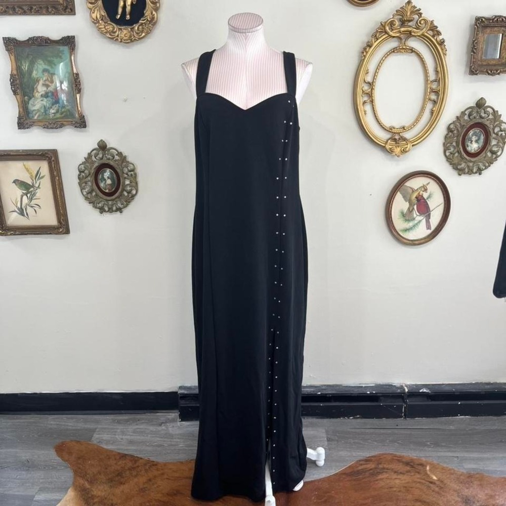 Onyx‎ Nite Wendye Chaitin Rhinestone Slit Maxi Dress 16 Deep Black